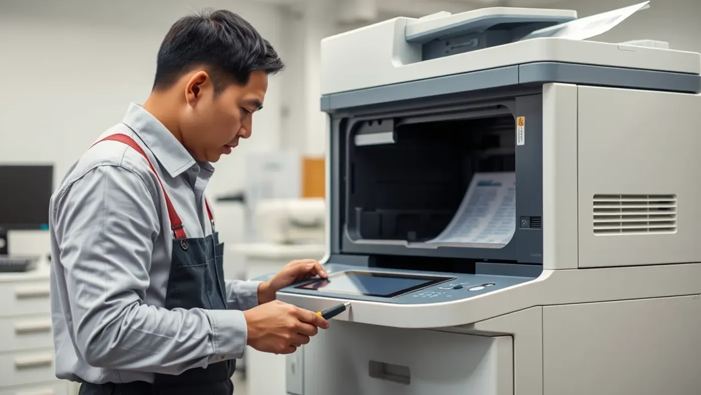 Kỹ thuật viên bảo trì máy photocopy trong văn phòng