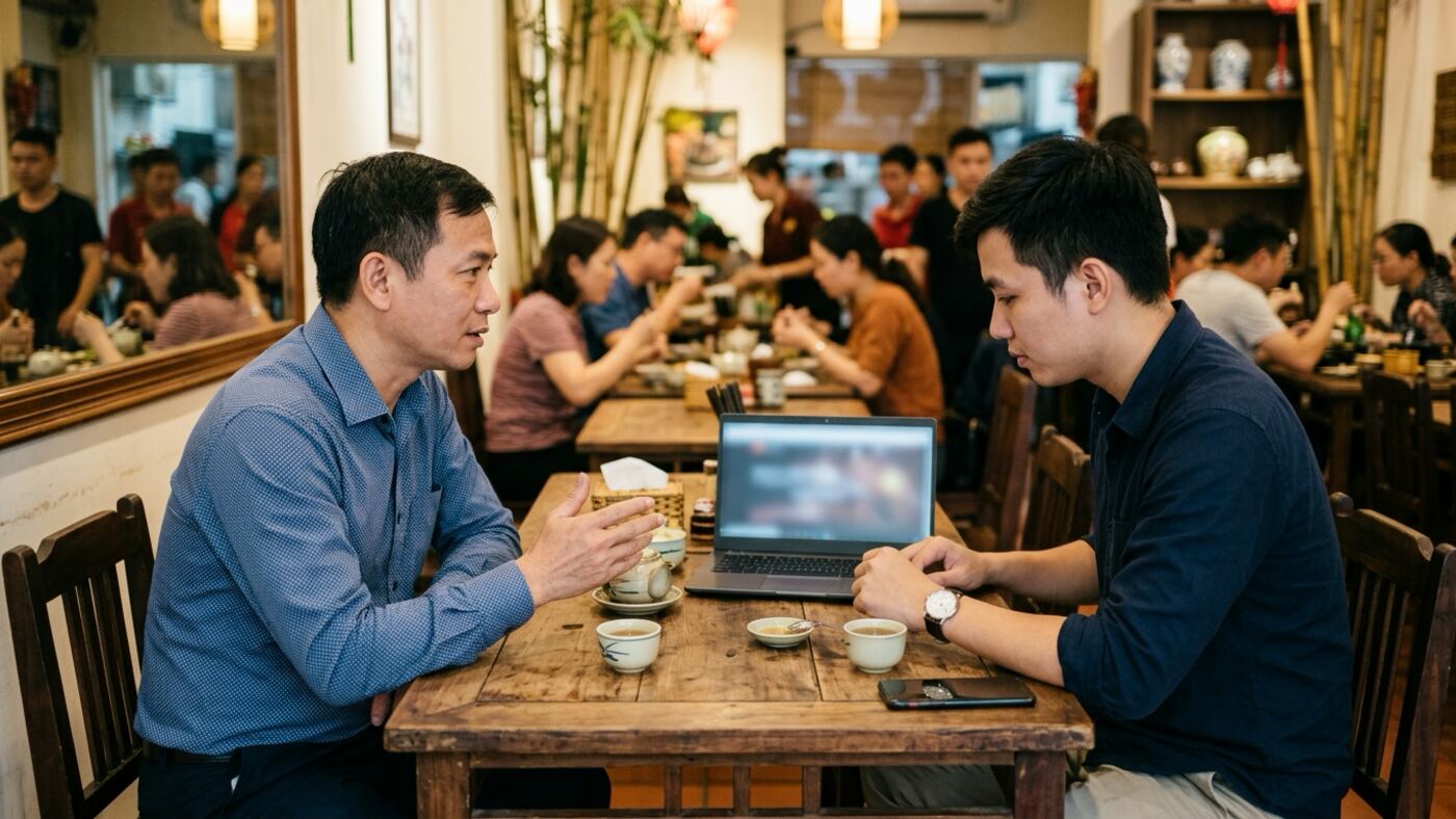 Chủ quán ăn trao đổi giải pháp phần mềm quản lý nhà hàng